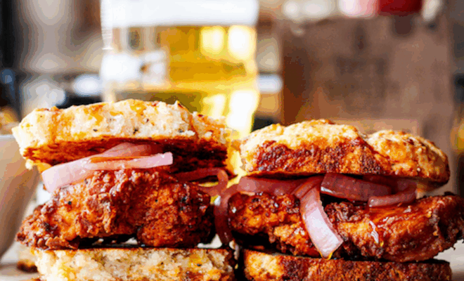 Open Outcry - hot honey chicken sliders CROPPED - Illinois Brewing